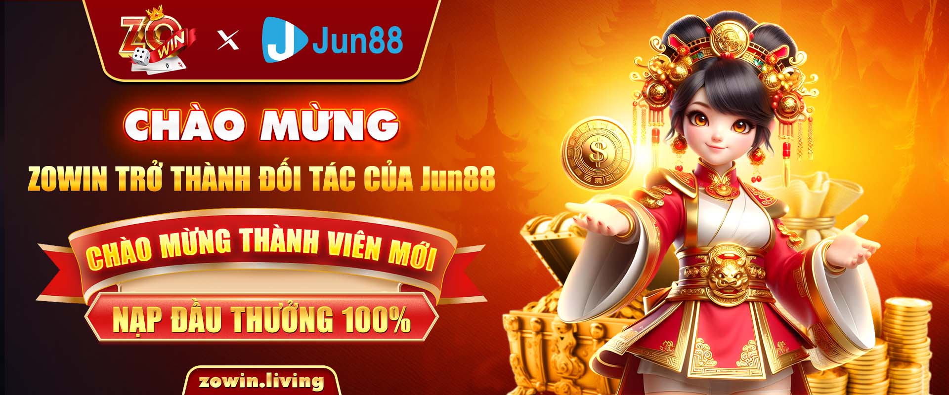 Zowin hợp tác Jun88 chào mừng thành viên mới thưởng 100%